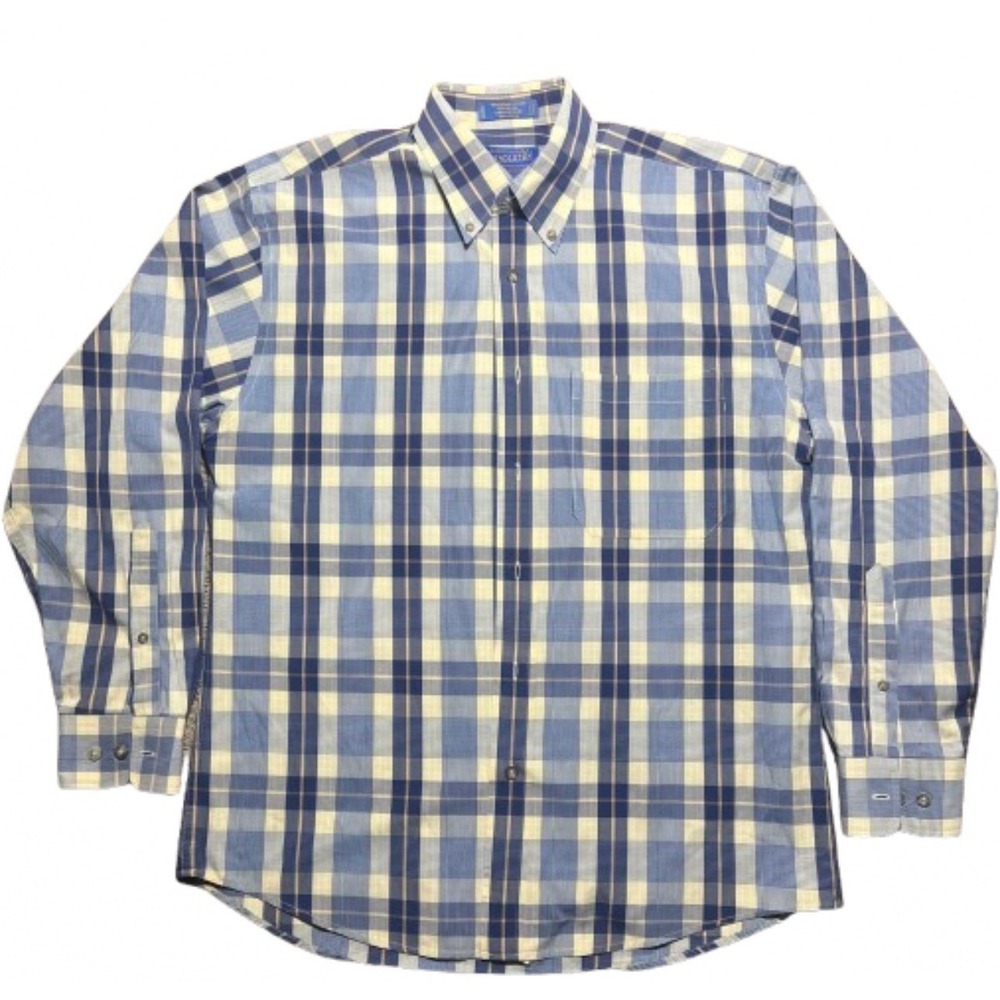 Pendleton Button Down Shirt Mens Medium Blue Yellow Plaid Broadway Cloth Cotton